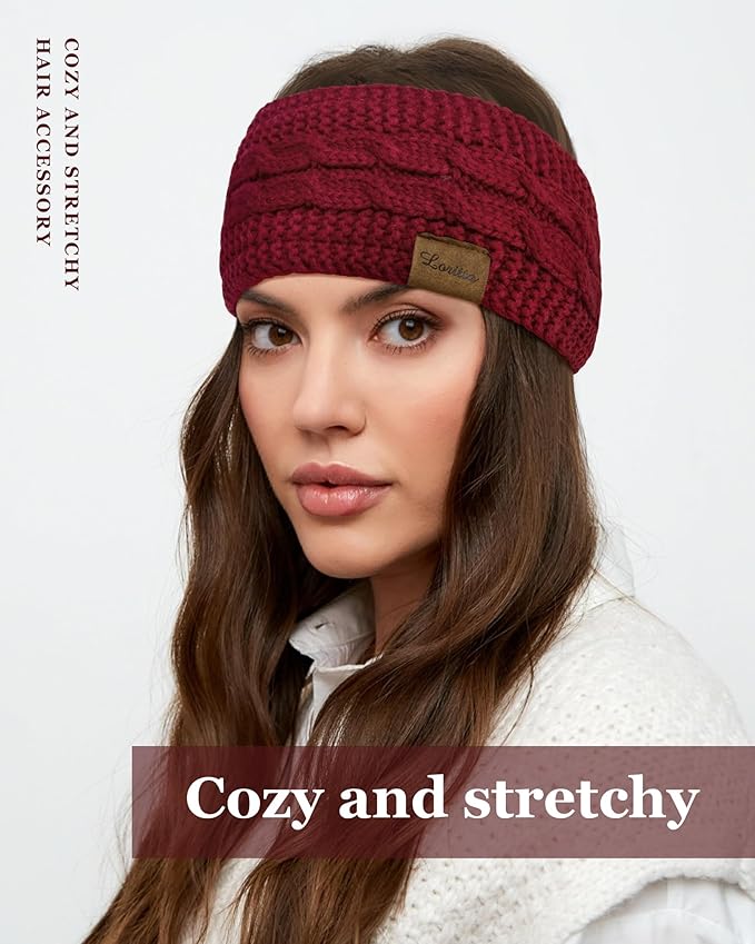 Loritta 2 Pack Headbands for Women Winter Warm Cable Knit Ear Warmer Thick Head Wrap Fuzzy Fleece Lined Gifts