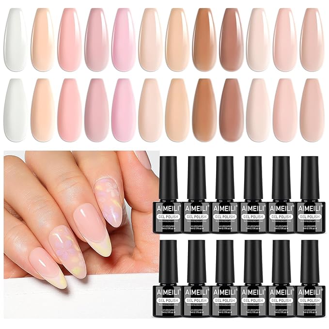 AIMEILI Nude Gel Nail Polish Set - 12 Colors Hema Free Jelly Neutral Nude Pink Milky White Sheer Effect Manicure Nail Art for Women - Kit 29