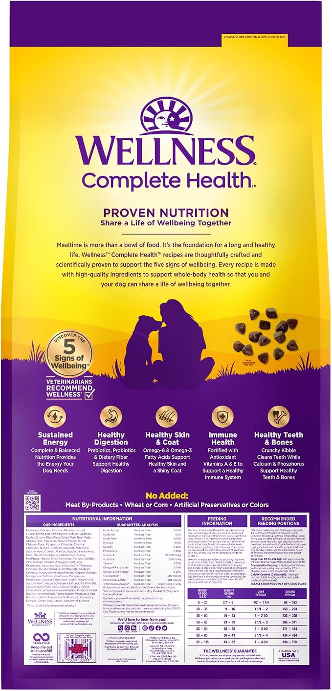 Wellness Complete Health Adult Dry Dog Food, Wholesome Grain Kibble, Natural, Chicken and Oatmeal Recipe, 30 lb Bag