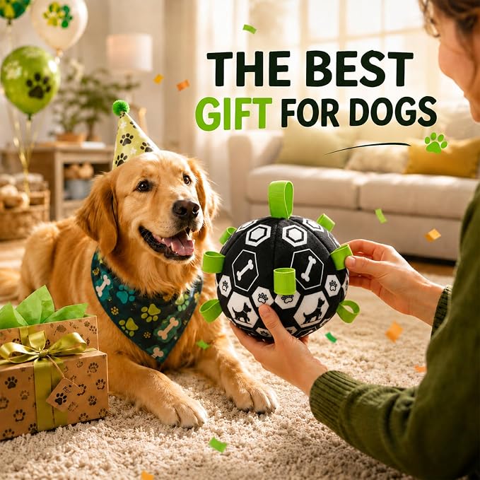 Dog Toys Dog Balls, Dog Soccer Ball Toy with Strap & Built-in Bell