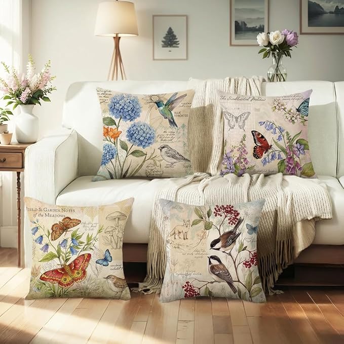wyooxoo Farmhouse Pillow Covers 20x20 Set of 4 Spring Summer Throw Pillow Covers Linen Flower Butterfly Bird Decorative Pillowcases for Sofa Couch Living Room Outdoor