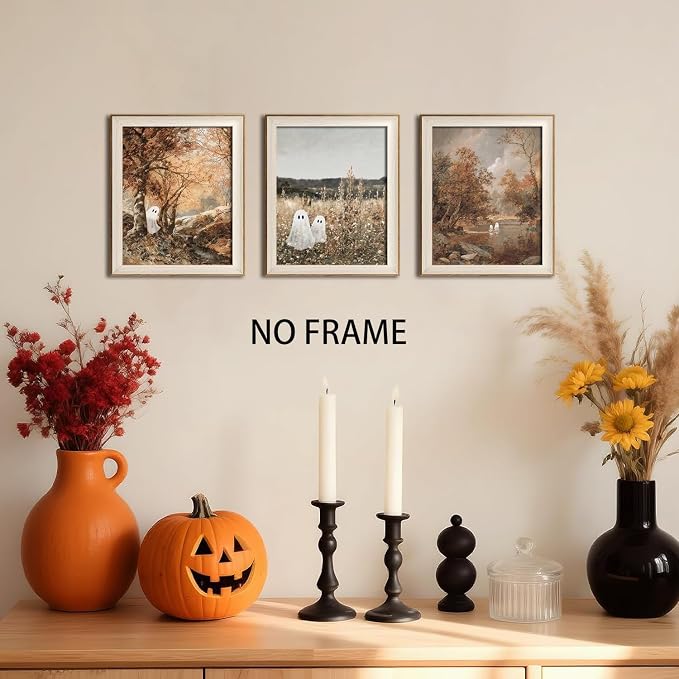 Mynotix Funny Halloween Poster Set of 7, Cute Ghost Country Landscape Wall Art, Vintage Haunted Forest Canvas Painting Print Pictures for Bedroom Living Room Dorm Unframed 8x10 inch