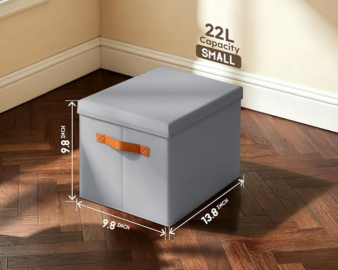 Storage Bins with Lids - Fabric Storage Baskets for Shelves, 6 Pack Foldable Decorative Boxes with Handles, Stackable Organizer Bins for Home, Nursery, Dorm, Grey