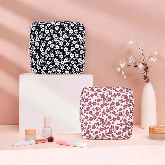 Floral Sanitary Pad Pouch Canvas Period Pad Bags for Women Black | Discreet, Portable, Menstrual Cup and Sanitary Napkin Storage, First Period Kit Storage, Tampon Bag
