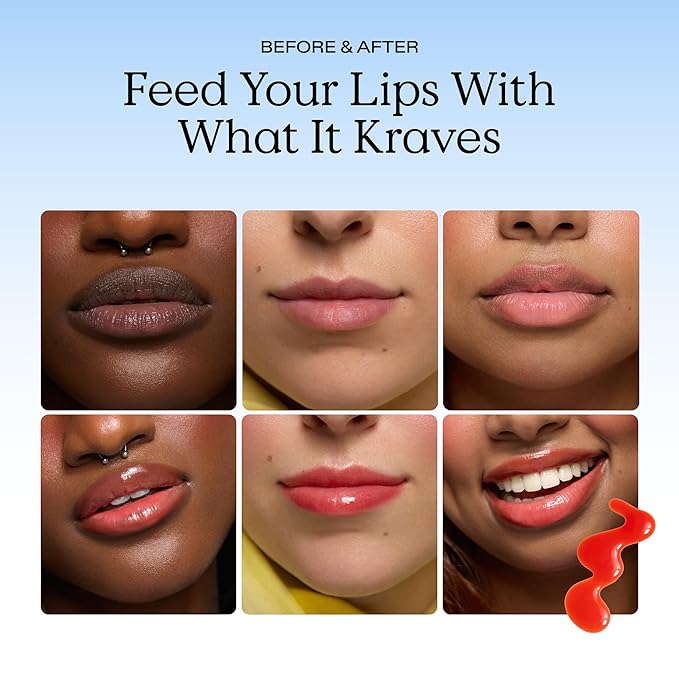 KraveBeauty Plumptuous Lip Jelly 0.24 fl oz, Antioxidant-rich Lip Oil with a Sheer & Buildable Tint, Non Sticky Formula For Fuller Looking Lips, Vegan & Cruelty Free, Iced Persimmon