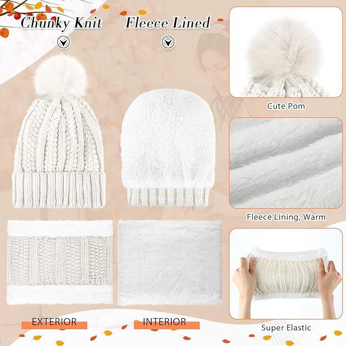 SATINIOR 5 Pcs Winter Hat Scarf Gloves Set Fleece Warm Lined Knit Beanie Hat Touch Screen Earmuff Gloves Warmer for Women(White,Classic Style)