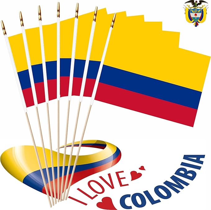 20 Pack Colombia Mini Stick Flags Colombian Small Miniature Handheld Flag Decorations,5x8 Inch