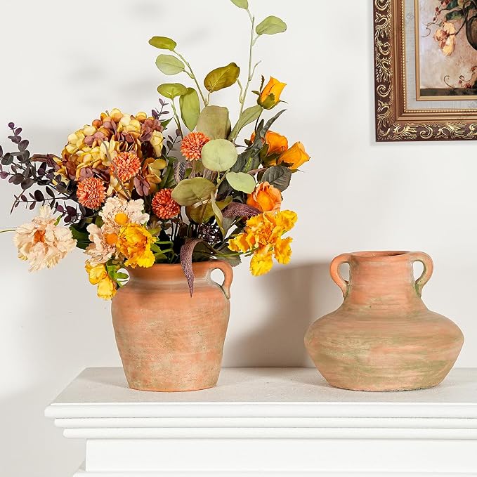 Sungmor Rustic Ceramic Flower Vase with Handles, 7 Inch Short Wide Body | Terracotta Plant Pots, Cement Textured Vases Home Decor, Indoor Fresh Flowers Planter, Dried Flower Arrangements