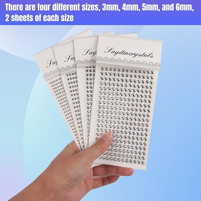 8 Sheets Rhinestone Stickers,3584 Pcs Gem Stickers for DIY Face Eyes Makeup Hair(Silver-3/4/5/6mm)