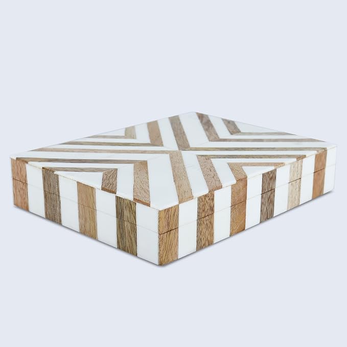 Handicrafts Home White Decorative Storage Box with Lid Wooden Desk Organizer Box Office Storage Box for Workspace Desk Decor Organizer – Resin Inlay Marquet Chevron Collection - 6x8x1.5