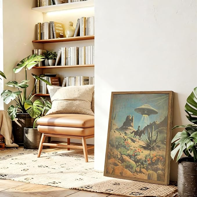 Vintage Intergalactic Western Wall Art Scifi Alien UFO Cowboy Rider Wall Decor Painting Funny Southwest Flying Saucer Poster Canvas Print Picture for Living Room Bedroom 12x16 inch Wood Framed