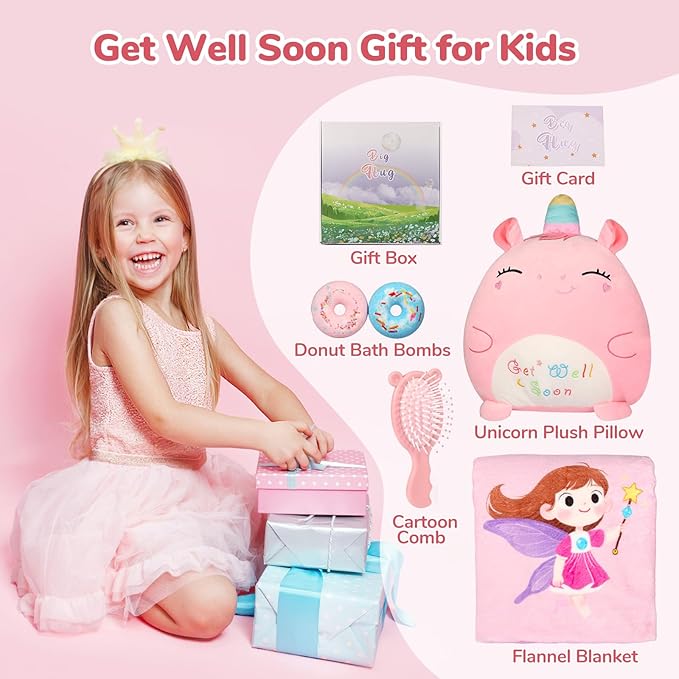 Get Well Soon Gift for Kids Girls, Feel Better Gifts for Kid, 12'' Get Well Soon Unicorn Plush Pillow & Soft Cozy Flannel Kids Throw Blanket, Unicorn Gifts Set for Girls, Kids Get Well Baskets