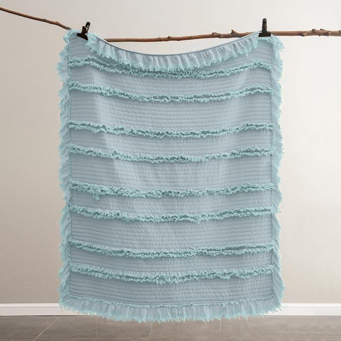 Ultra Soft Pre-Washed Warm Quilted Throw Blanket, Ruffle Fringed Blue Boho Decorative Throw, Stone Washed Chic Rustic Blanket for Sofa Couch Bed Chair, 50"x 60"