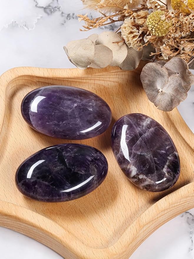 Large Amethyst Crystals Gemstone Polished Palm Stone Healing Crystals Thick Natural Reiki Worry Stone Energy Balancing Anxiety Stress Relief Meditation 1 Pc