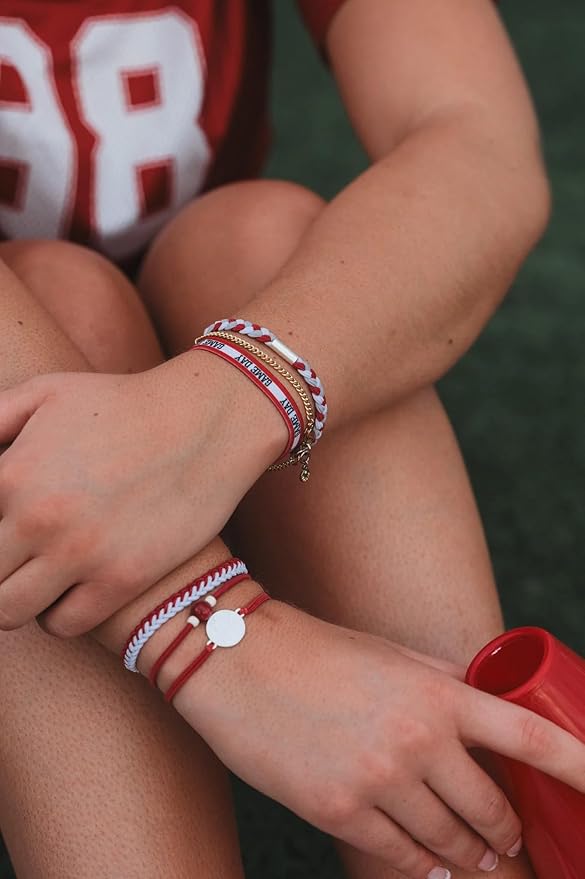 K'lani Game Day Hair Tie Bracelets – 5-Pack Stretchy No-Crease Hair Ties & Stylish Bracelets – Team Color Accessory for Hair or Wrist - Crimson & White, Medium