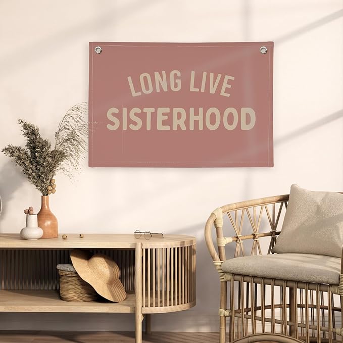 Girl Room Decor Long Live Sisterhood Linen Banner Hanging Flag Pink Banner for Nursery Playroom Wall Decor for Kids Bedroom Dorm Toddler Decorations Trendy Room Decor 30x20 In (Sisterhood)