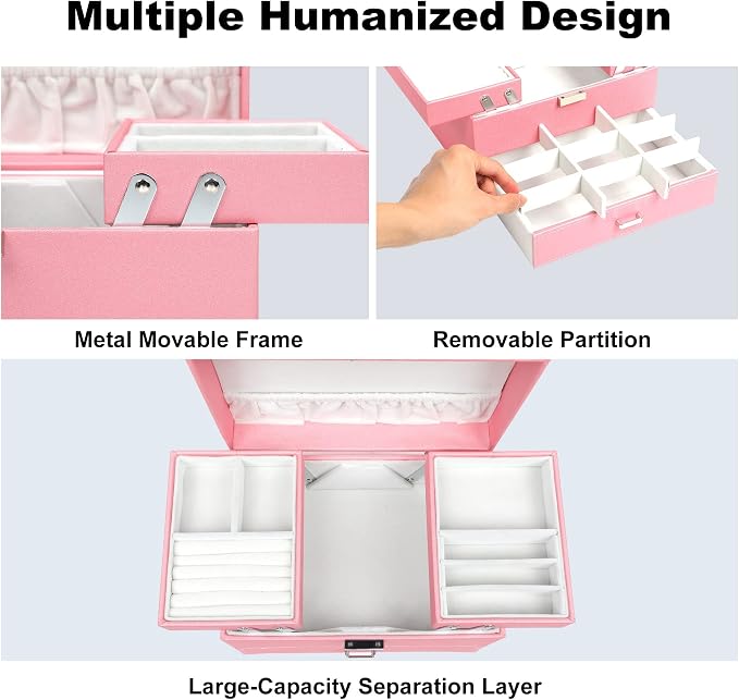 Jewelry Organizer Box, Large Jewelry Boxes for Women Girls, Space-Saving 3 Layers Jewelry Storage Case with Drawer, Gift Idea, Movable Metal Stand, Modern (Pink)