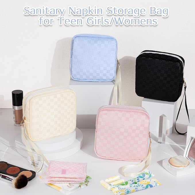 Likesing Tampon Holder for Purse, Upgraded 5.3" Checkered Period Bag, Sanitary Napkin Storage Bag with Wrist Strap for Girls Women, Thickened Portable Period Pad Pouch(Pink)