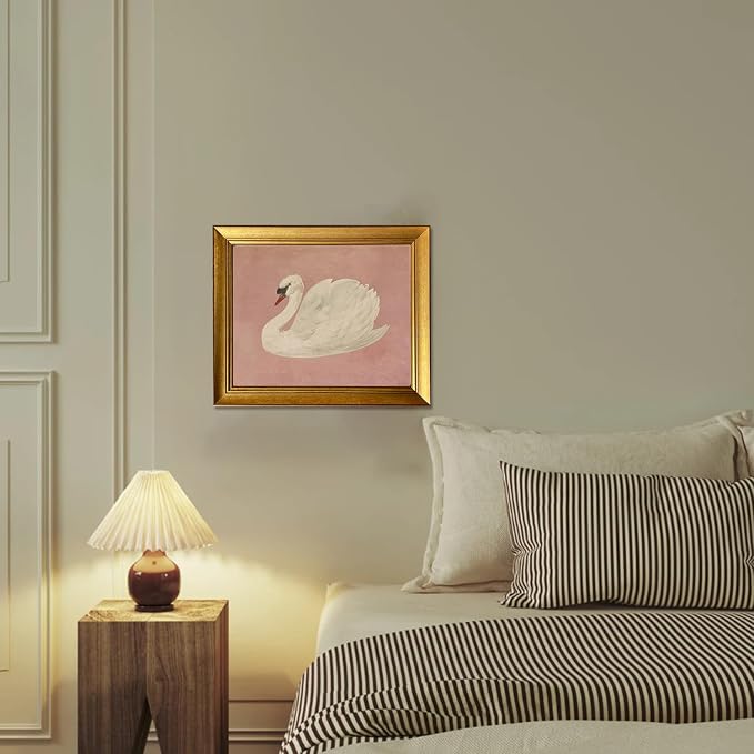 Vintage Gold Framed Wall Art White Swan Canvas Print Farmhouse Pink Wall Decor Cute Swan Painting Artworks for Girly Bathroom Decor Living Room Bedroom