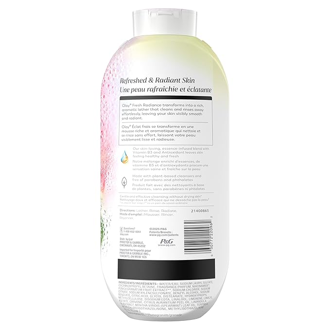 Olay Body Wash for Women, Fresh Radiance, 24/7 Skin-Loving Freshness, Visibly Radiant, Plant Based Cleansers, Vitamin B3 & Antioxidant Blend, For All Skin Types, Watermelon & Agave Scent, 22 fl oz