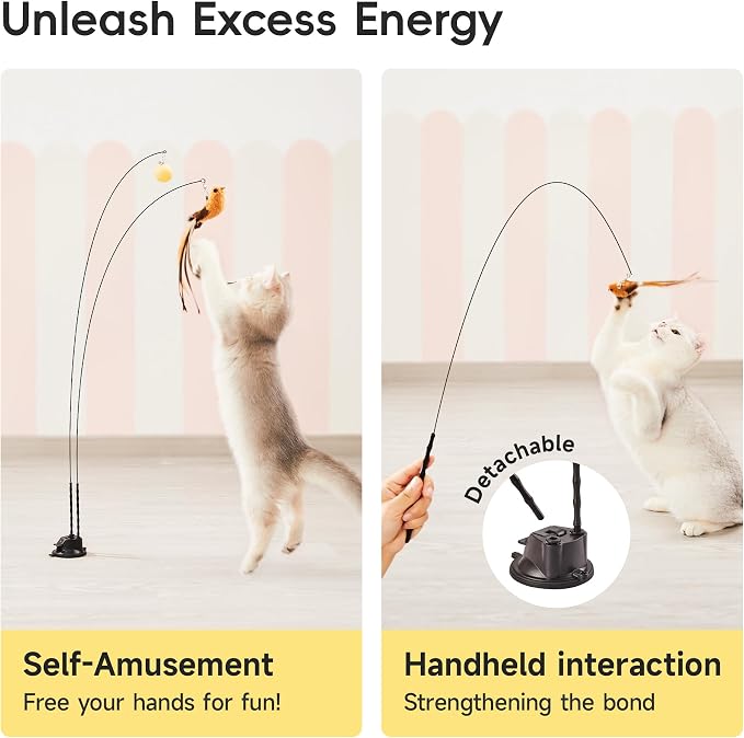 Potaroma Suction Cup Cat Wand Toys, Dual-Wand Interactive Kitten Toy | For Indoor Cats with 5 Pcs Feathers Balls Attachments, Charcoal Base