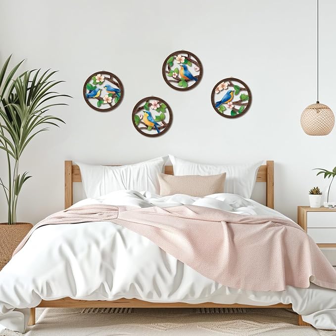 HPNIUB Bird on Birch Tree Branch Wall Decor, Modern Green Leaves Little Birds Laser Cut Artwork, 4 Pieces 10''x10'' Rustic Farmhouse Nature Animals Wall Hanging Plaque for Living Room Bedroom
