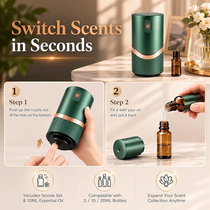 Waterless Essential Oil Diffuser, Mini Scent Air Machine Portable Diffuser for Home Car Office, Battery Operated Aromatherapy Diffuser with 10mL Hotel Scent Fragrance Oil, Timer & 4 Mist Levels, Green