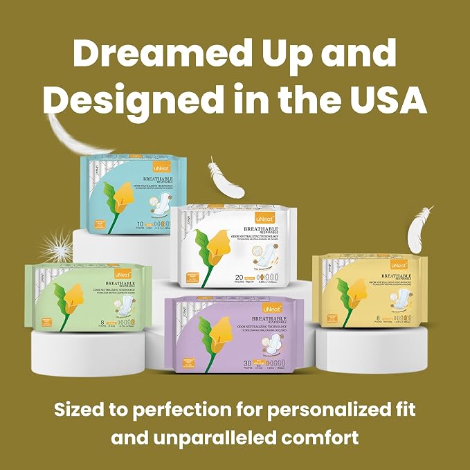 uNeat Ultra Thin Breathable Feminine Pads with Wings for Women, Odor-Neutralizing Tech, Unscented, Heavy Absorbency, Overnight Pads (Extra Long, 8 Count)