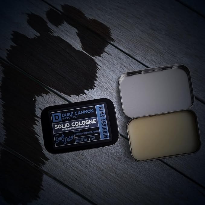 Duke Cannon Supply Co. Solid Cologne for Men Midnight Swim - Cold Water, Crisp Greens, Fresh Air - Concentrated Balm, Coconut Oil, Travel-Friendly Tin, 1.5 oz (1 unit)