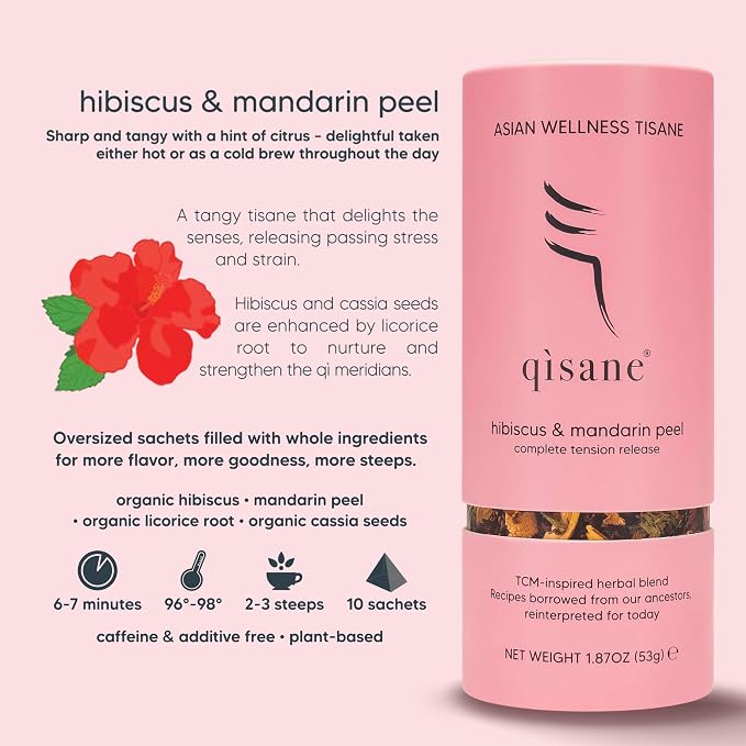 qìsane Organic Hibiscus Tea Bags with Mandarin Peel - Organic Licorice Root, Cassia Seeds - Loose Tea with Tangy Citrus Flavor to Help Support Strain and Tension - 10 sachets (~30 cups)