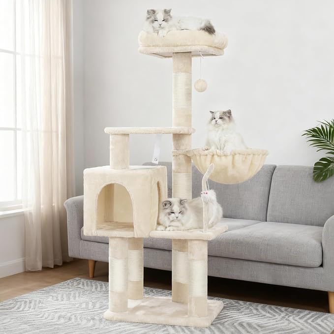 Heybly Cat Tree with Toy, 43.3 inch Cat Tower for Indoor Cats HCT004SM | Cat Condo with Durable Sisal Scratching Posts, Cat House with Padded Plush Perch, Cozy Hammock, Beige