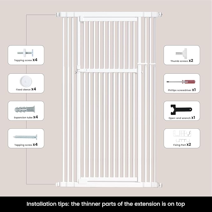 Extra Tall Cat Gate 51"-87" Height Adjustable Pressure Mounted 4 Extensions | 51"-87" height & 27.56"-37" width adjustability; pressure-mounted installation. 4 extension Ideal for doorways, pets & babies