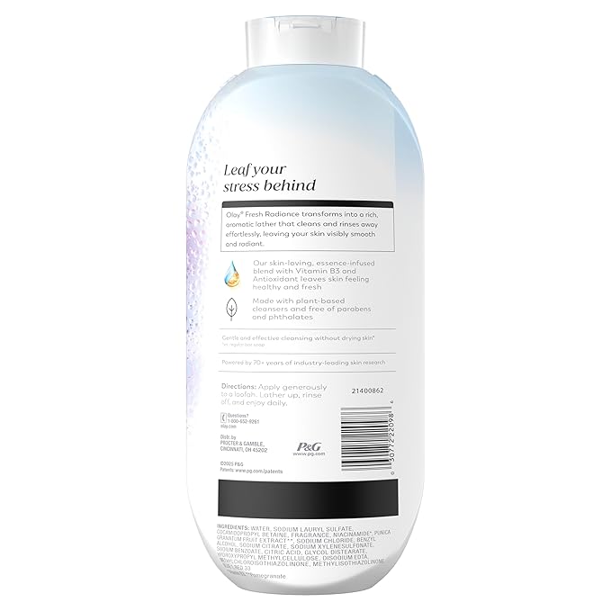 Olay Body Wash for Women, Fresh Radiance, 24/7 Skin-Loving Freshness, Visibly Radiant, Plant Based Cleansers, Vitamin B3 & Antioxidant Blend, For All Skin Types, Birch Water & Lavender Scent, 22 fl oz