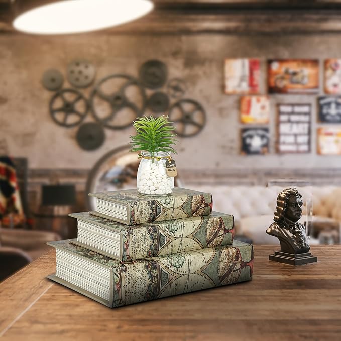 Decorative Wooden Book Boxes Set of 3, World Map Pattern, Antique Look with Magnetic Leather Cover, Hidden Secret Storage for Jewelry, Keepsakes, and Gifts