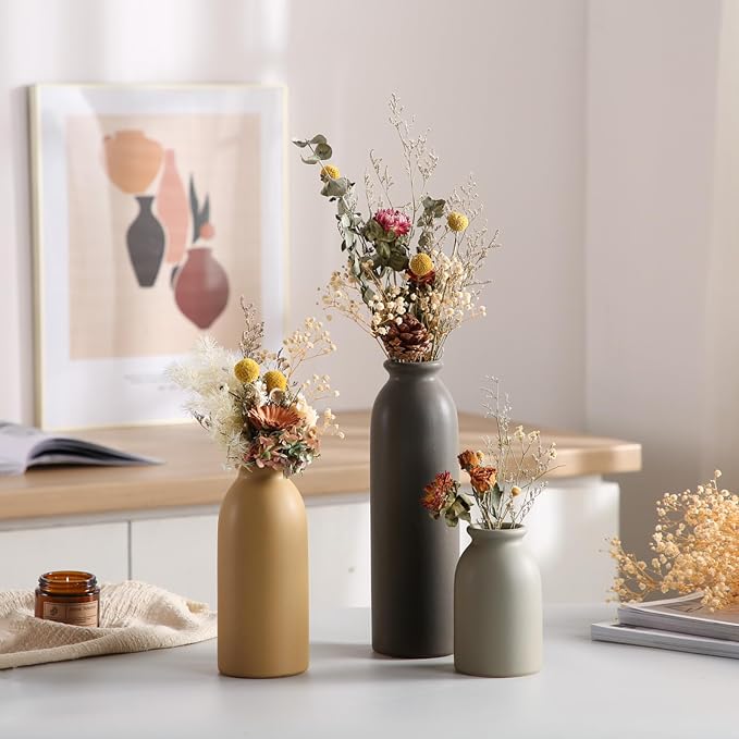 CWLWGO-Ceramic Matte Vase Set for Home Decor, Modern and Minimalist Decorative Flower Vases, Kitchen Living Room Table Centerpiece Decoration, Mantel Entryway Bookshelf Decor(Matte Multi)