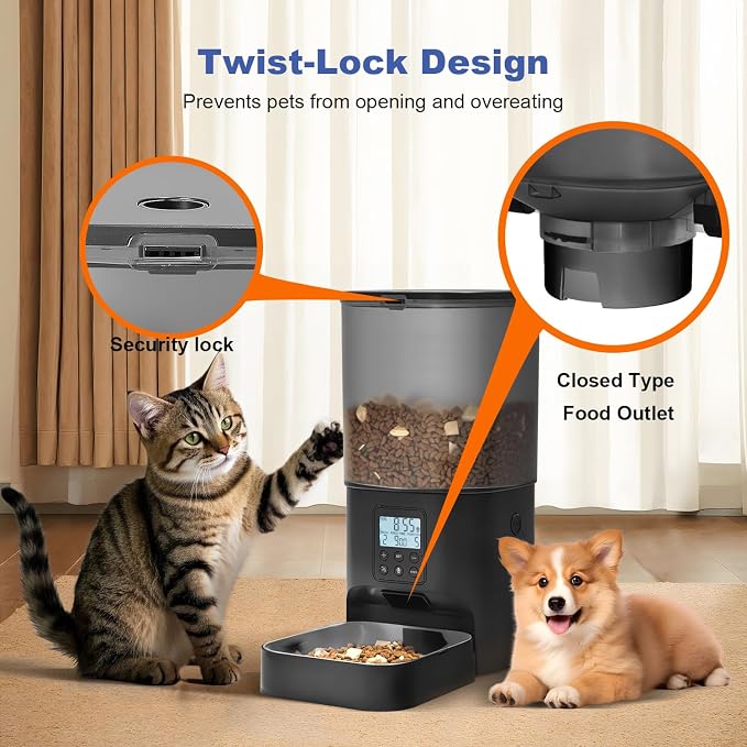 Automatic Cat Feeder, 6L Cat Food Dispenser with 10s Voice Recorder, Pet Feeder up to 8 Meals per Day, Timed Feeder with Dry Food Sealed Ring (Black)