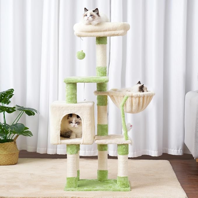 Heybly Cat Tree with Toy, 43.3 inch Cat Tower for Indoor Cats HCT004SGM | Cat Condo with Durable Sisal Scratching Posts, Cat House with Padded Plush Perch, Cozy Hammock, Green and Beige