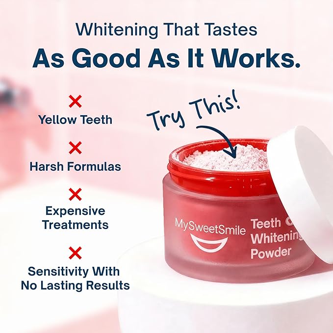 MySweetSmile Teeth Whitening Powder – 6 Month Supply – Removes Years of Coffee, Tea, Smoking & Ageing Stains – Dentist-Approved & Enamel-Safe – IndyBest Award-Winning Whitener (Strawberry)
