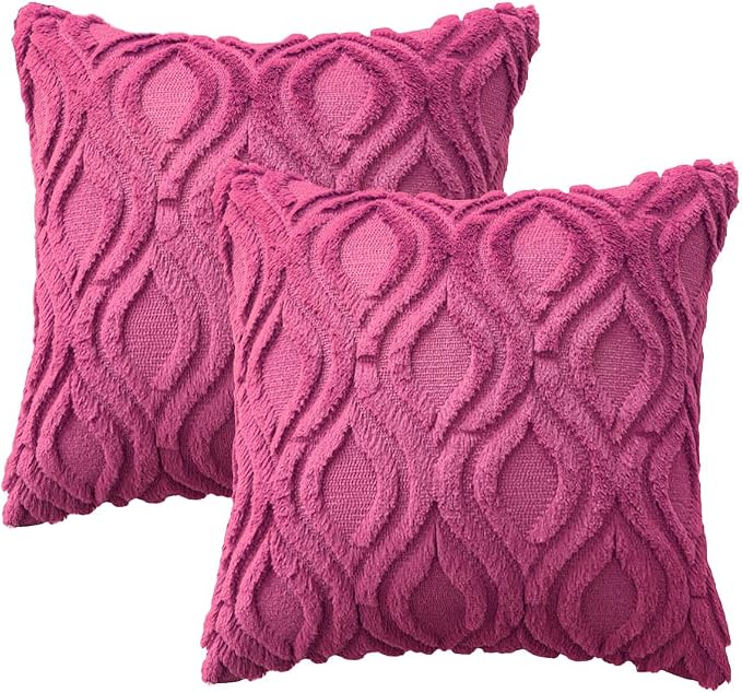 MIULEE Hot Pink Soft Plush Faux Wool Throw Pillow Covers 20x20 | Set of 2, Farmhouse Boho Home Decor, Decorative Cushion Covers for Sofa, Living Room, Bed