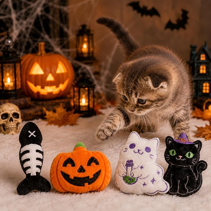Halloween Cat Toys, 4 Pack Catnip Crinkle Toys for Indoor Cats