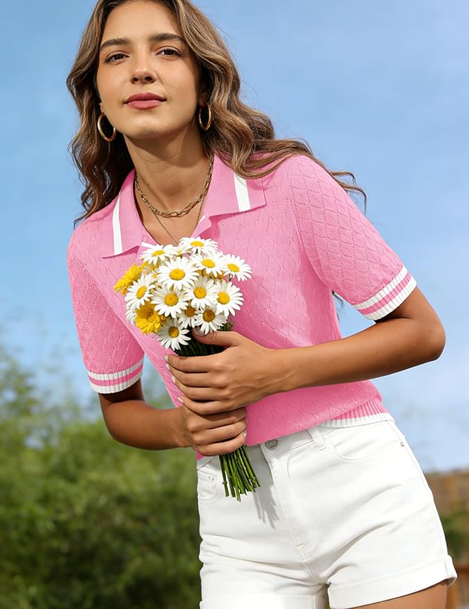 Rapbin Womens Short Sleeve Knit Polo Shirts Summer Spring Sweater Tops | Classic V Neck Collared Shirts Lightweight Business Casual Basic Fashion Pullover Polo Sweater for Work Formal Daily Wear