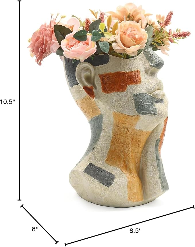 Lukitas Abstract Face Planter, Faux Sandstone Decorative Vase, Resin 10.5'' | Colorful Artistic Flower Plant Pot for Garden Patio Living Room Desk Shelf Decor