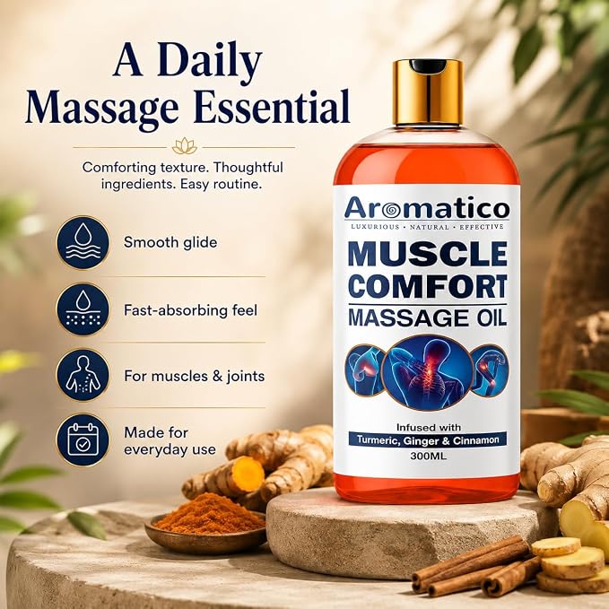 AROMATICO Muscle Comfort Deep Tissue Massage Oil - Herbal Massage Oil with Ginger, Turmeric & Clove for Joint Pain, Back Pain & Muscle Relaxing | 10 Fl Oz