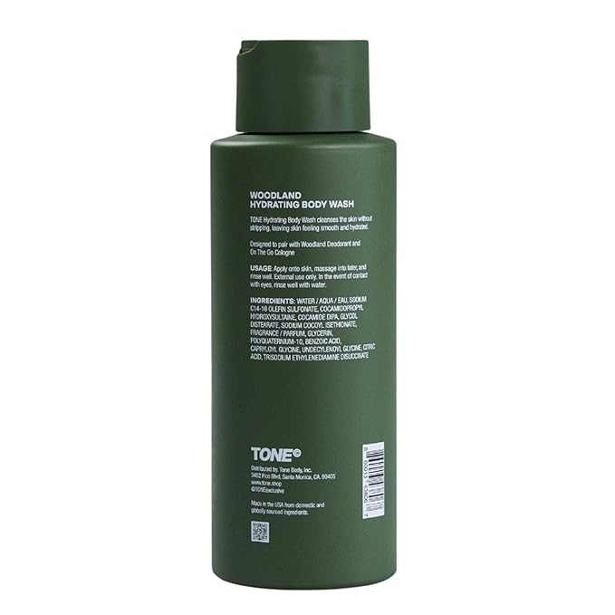 TONE Hydrating Body Wash for Men & Women, Woodland, Coconut-derived Cleansers Leaves Skin Clean, Moisturized & Refreshed, Long-lasting Iconic Scent, All Skin Types, Dermatologist-Tested, 16.9 oz