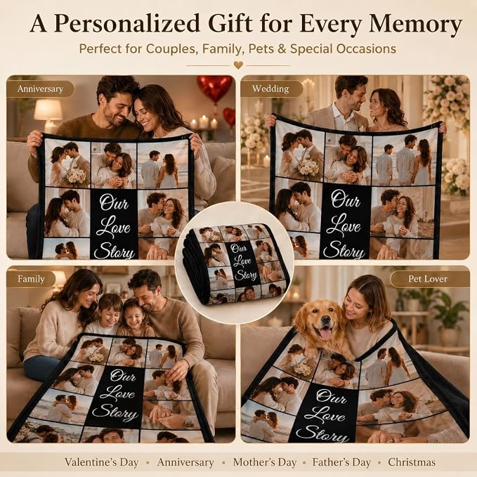 iDIY Custom Blanket with Pictures and Text, Made in USA, Ships Next Day, 10 Photo Collage Personalized Throw, Custom Photo Blanket Gifts for Couples & Family, Anniversary Birthday Valentine's Day