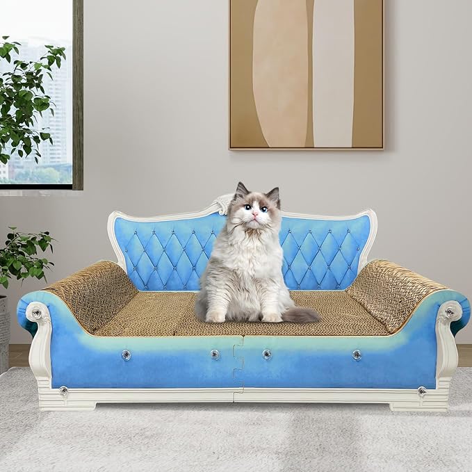 Luxury Cardboard Cat Scratcher Sofa Bed, Couch Shaped Scratching Board, Scratch Lounge with Catnip Toy, Cat Scratcher for Indoor Cats Large Blue 25.4"x12"