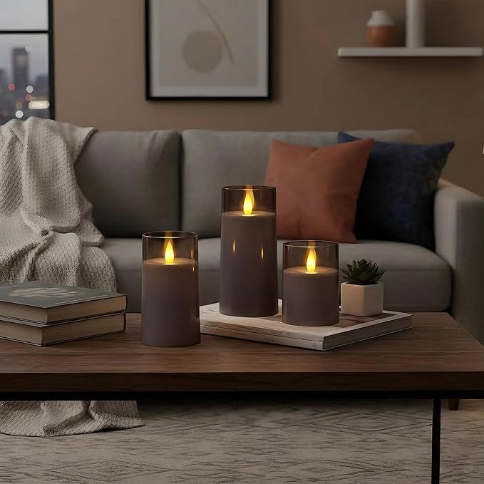 Raycare Flameless Electronic Pillar Candles with Remote Control and Timer- Battery Operated Realistic Flickering LED Fake Candle for Home, Wedding, Valentine's Day Decor, Grey,Set of 3(3"x4"5" 6")