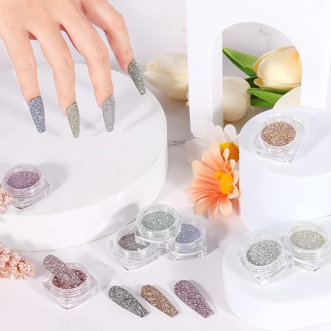 Laza 8 Colors Korea Diamond Nail Powder Sparkling Crystal Glitter Holographic Nail Dust Laser Silver Bright Shining Flakes for Acrylic Nails Polish Nail Art DIY Decoration - Shine Rainbow