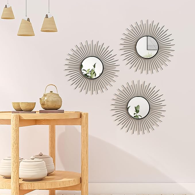 3 Pack Metal Mirrors for Wall Sunburst Wall Mirrors Home Décor Decorative Hanging Wall Art for Living Room Bedroom Entryway (Black2, Sunburst)