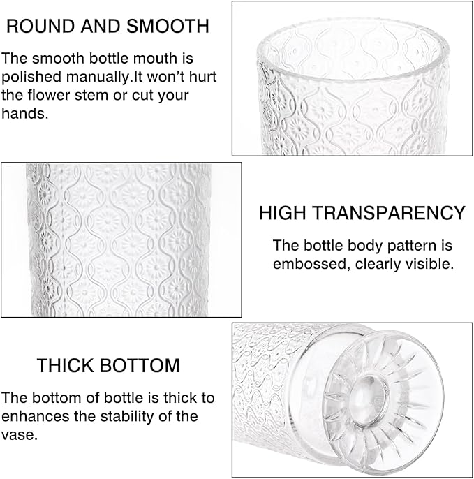 Fixwal 3pcs Vintage Glass Vases, Clear Vases for Wedding Home Decoration | Embossed Base Vases for Wedding Decoration (H:7" D:4"), Ribbed Glass Containers for Home Decor